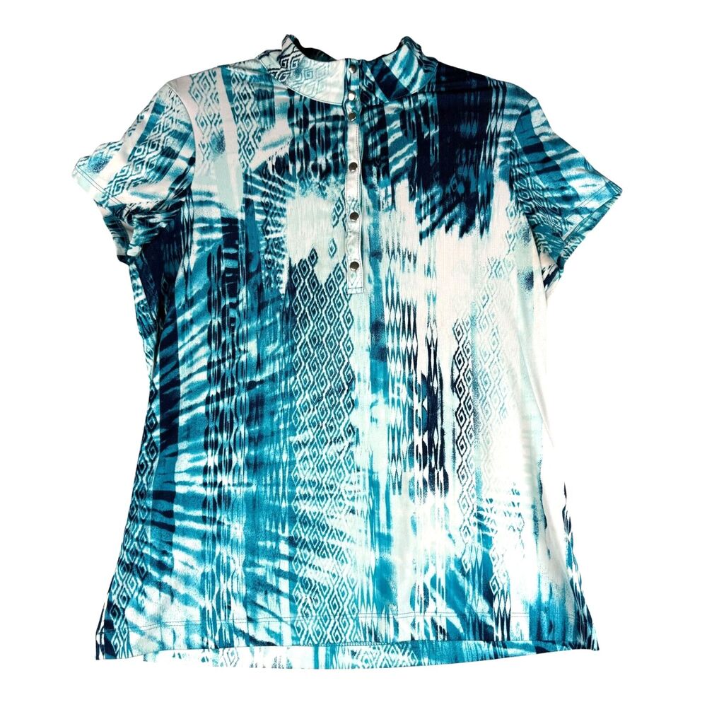 Weekends by Chico's Shirt Women's 0 Blue White Short Sleeve Button Front Stretch